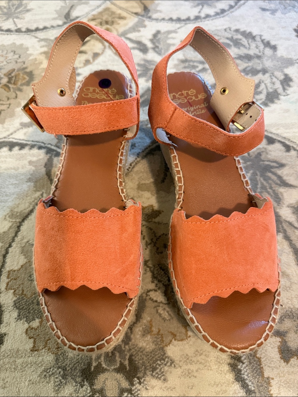 Andre Assous Coral Orange Suede Scalloped Espadrille Sandals
